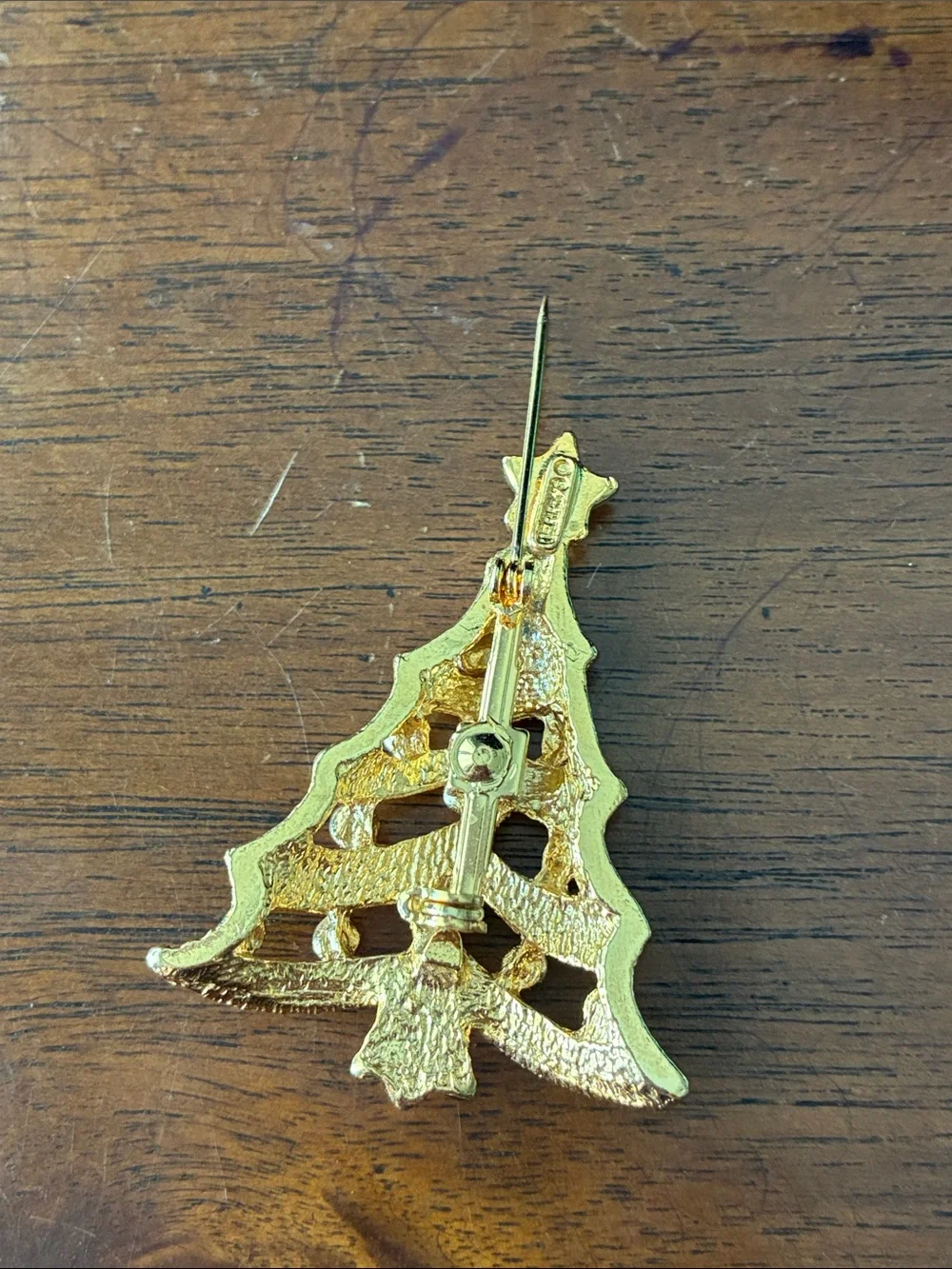 Gold Christmas Tree Brooch with Red and Green Accents